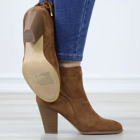 Brown Faux Suede Pointed Toe Low Heel Ankle Boots Back Laces Booties - Picture 5 of 12